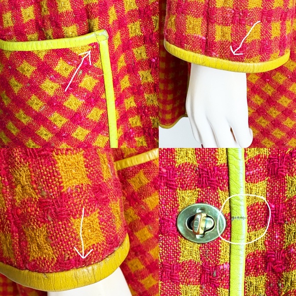 Bonnie Cashin for Sills Coat Large Pocket Pink Check Wool Lime Leather Trim 60s - Picture 14 of 14